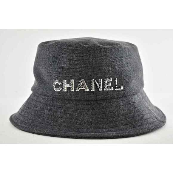 Chanel 22P Black Denim Crystal Sequin CC Logo Sun Cloche Bucket Hat Medium M - Picture 1 of 8
